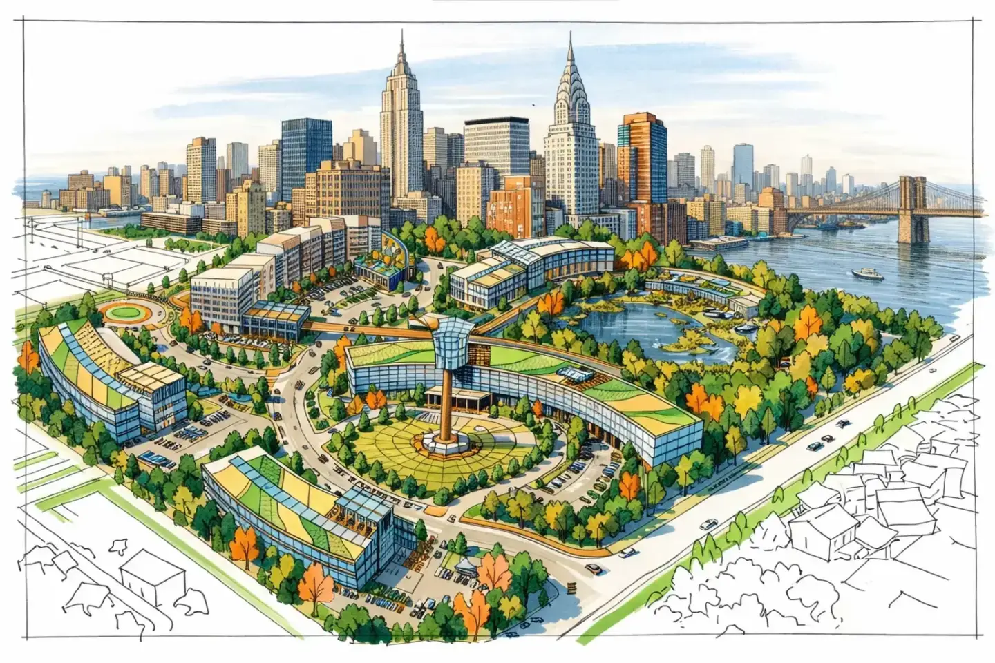 Exterior 3D rendering services showing a New York master plan with parks, roads, buildings, and waterfront