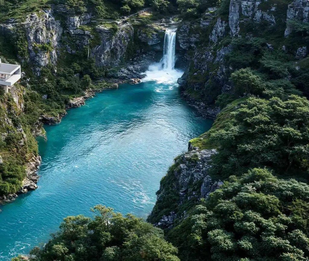 Referencia de render exterior de casa con un lago turquesa, una cascada, acantilados rocosos y vegetación densa