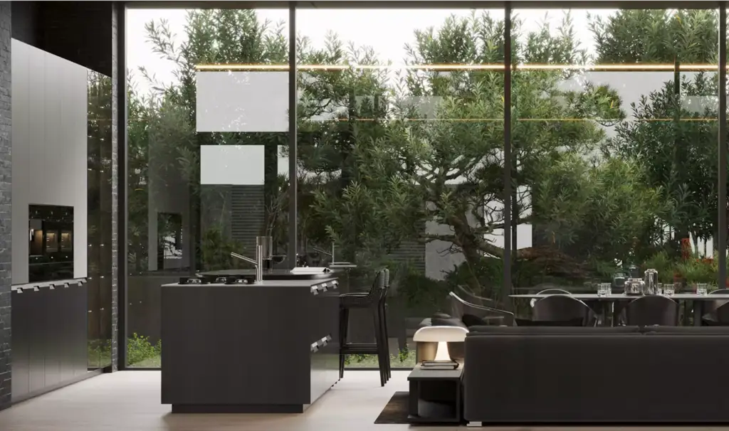 exterior render of modern open kitchen and living room with glass wall overlooking lush garden