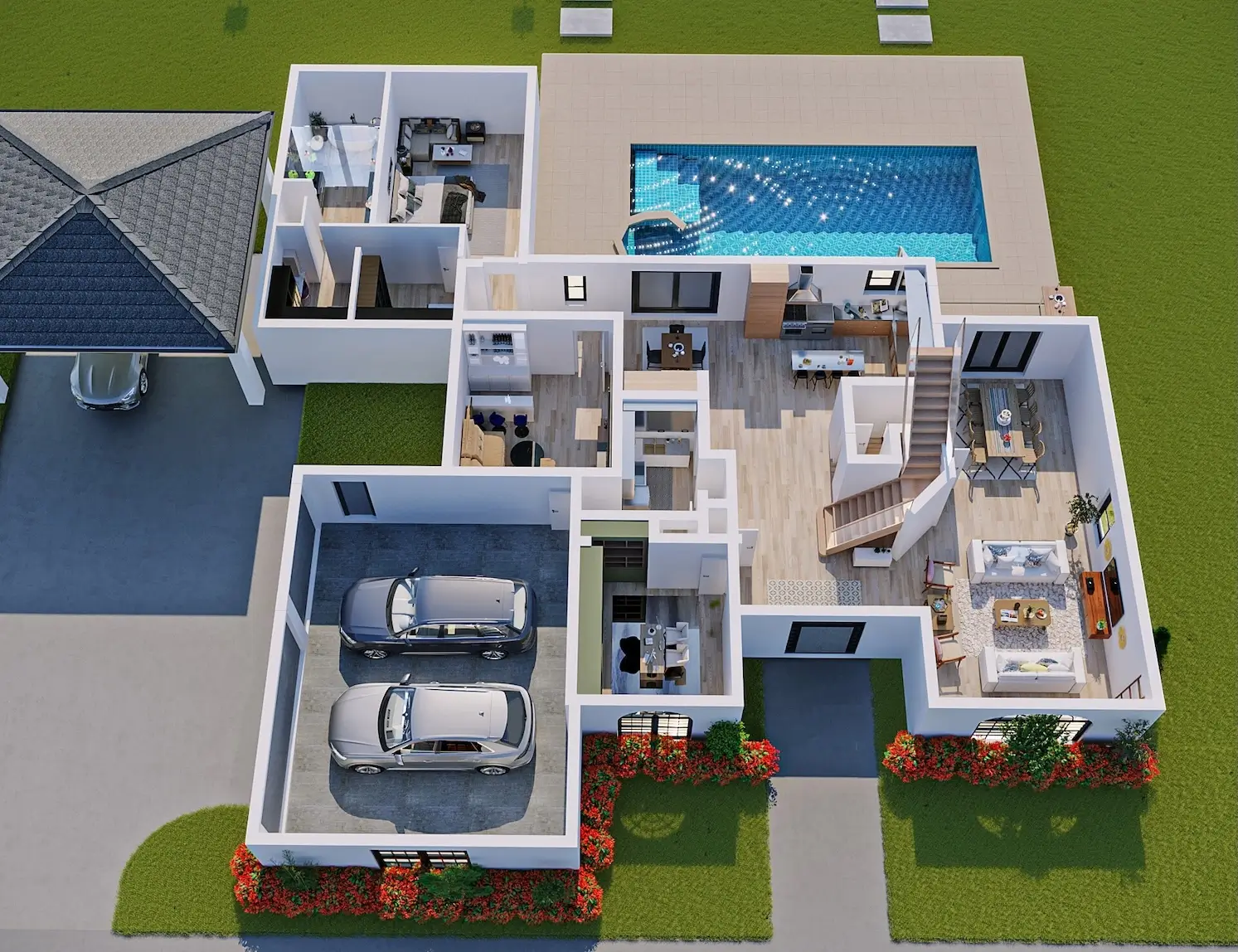 House layout with pool and garage, floor plan rendering services view showing rooms, stairs, and cars