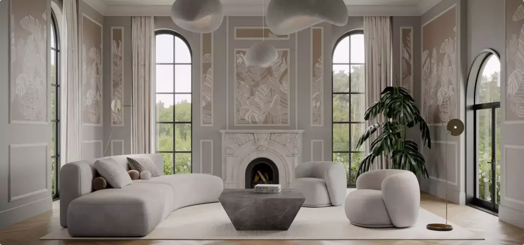 furniture renders of elegant living room with curved sofa, marble fireplace, and sculptural pendant lights