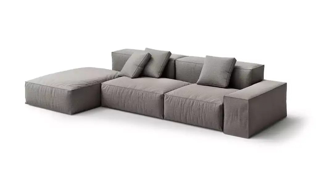 Modular sofa isolated on a plain background, furniture renders with gray upholstery and loose cushions