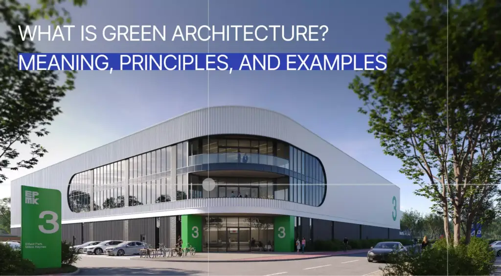 Green architecture article graphic with modern office building and headline text