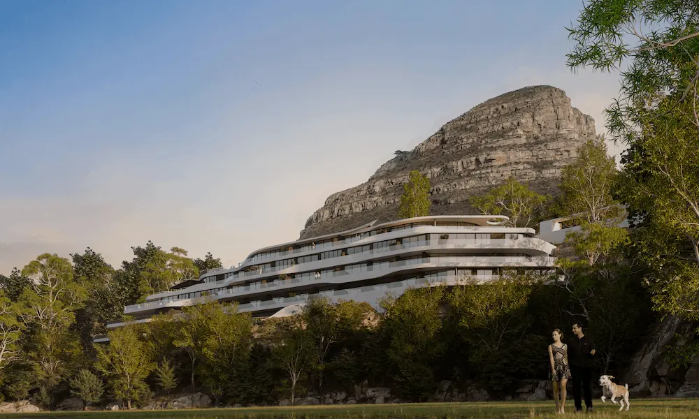 Hillside residential complex below a rocky ridge, residential rendering services
