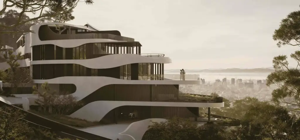 Außenansicht eines modernen Hotelturms am Hang mit geschwungenen Terrassen, Glasfassade, Bäumen und Blick auf die Skyline