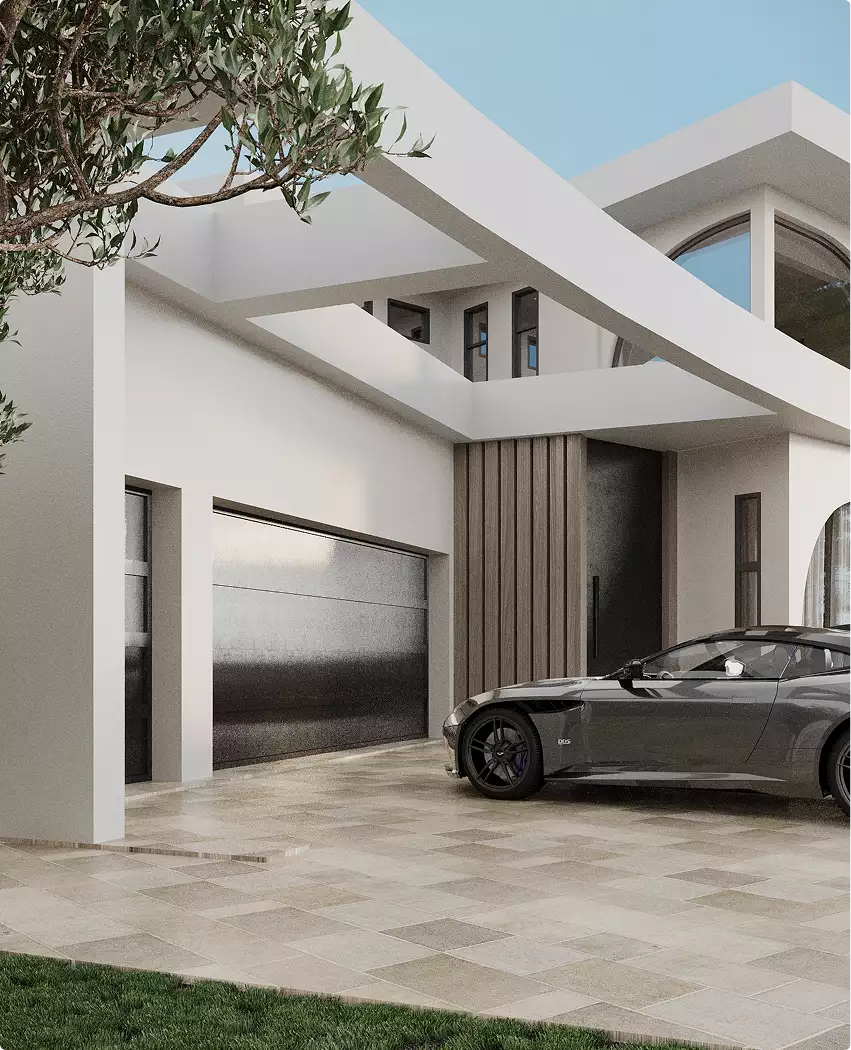 Garage esterno della casa in animazione 3D con auto scura, facciata bianca e finestra curva al piano superiore