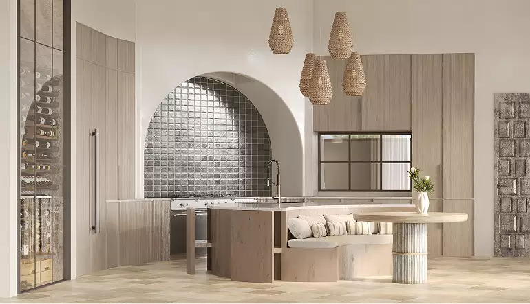 Cucina della casa in animazione 3D con nicchia ad arco, sedute all'isola e lampade a sospensione intrecciate