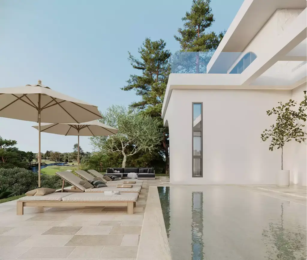 Terrazza con piscina in animazione 3D della casa con lettini, ombrelloni e uno specchio d'acqua