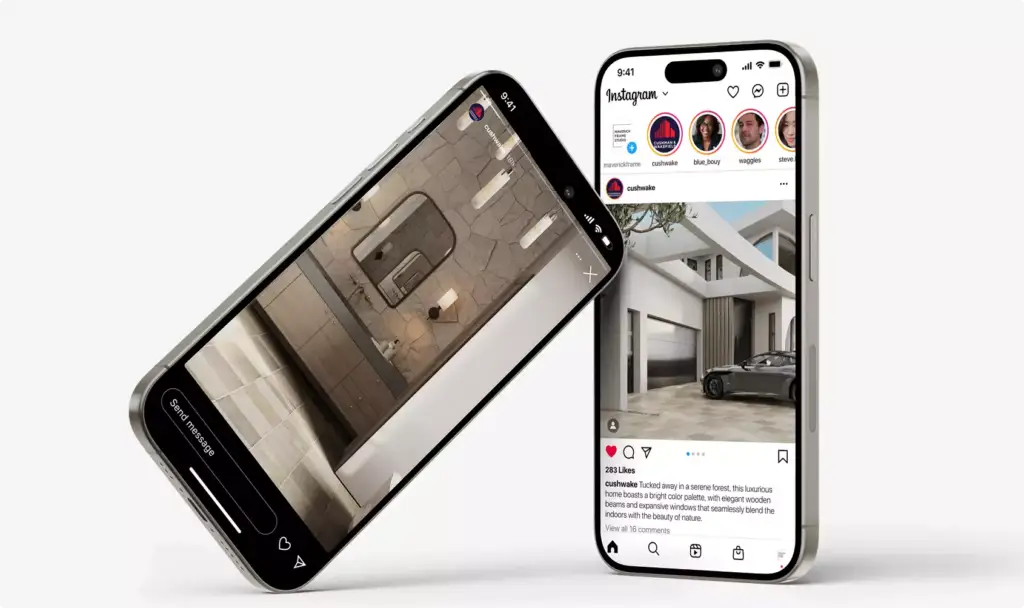 Mockup social della casa in animazione 3D su due telefoni con viste di interni ed esterni