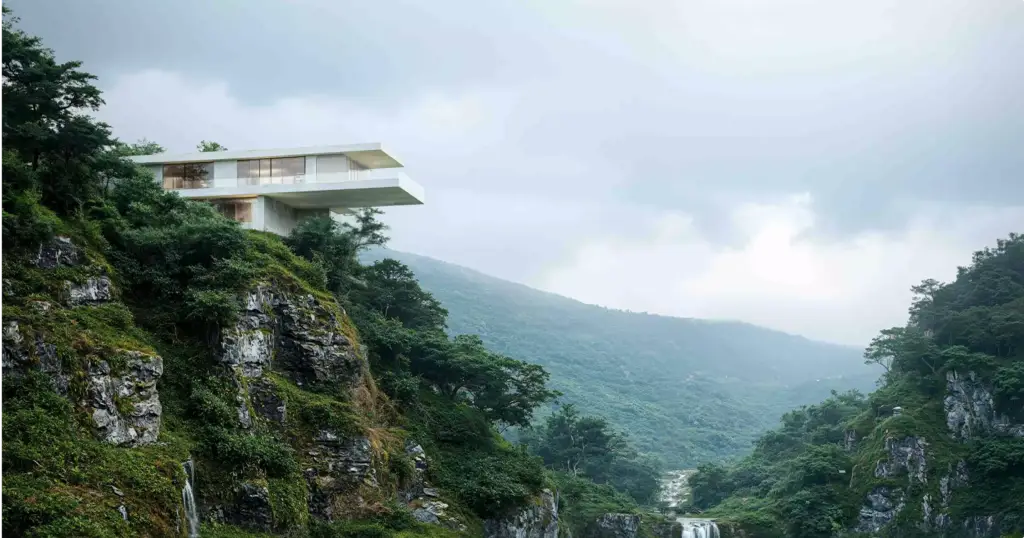 Render de casa lejana sobre un acantilado, por encima de un valle con cascada y colinas verdes entre la bruma