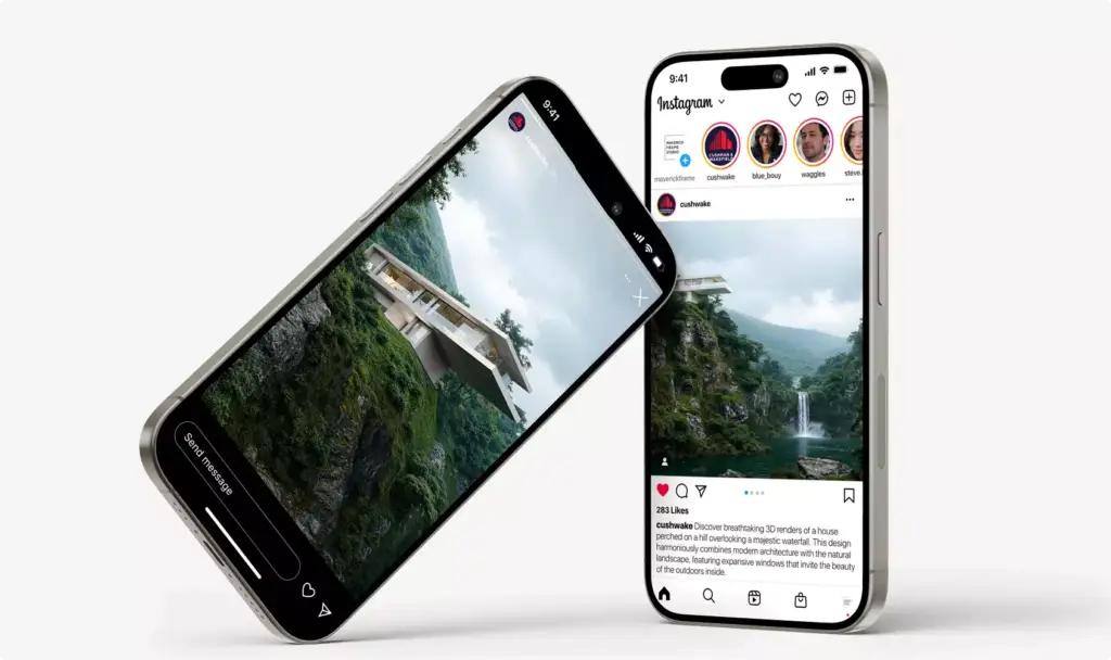 Renders de casa mostrados en dos smartphones con publicaciones de redes sociales sobre fondo blanco