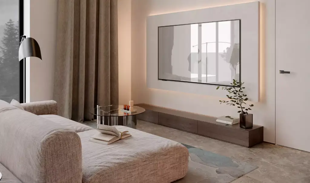 Renders de casa: salón de tonos suaves con sofá curvo, pantalla en la pared y lámpara de pie