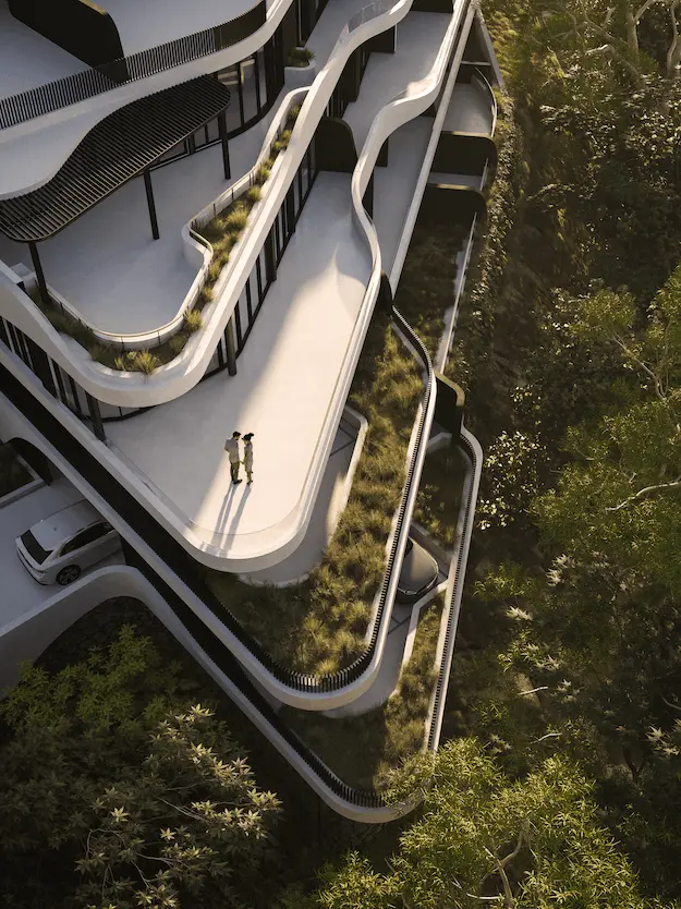 Layered balconies and planted edges on a steep site, commercial architectural 3D rendering