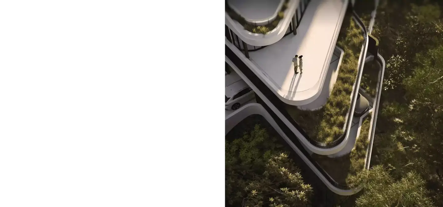 Curved terrace with greenery and people on modern building, los angeles 3D rendering architecture