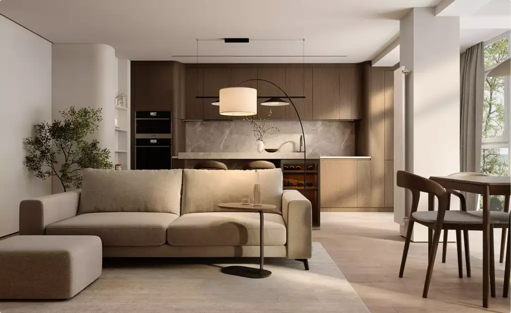 Zona giorno con divano, isola cucina, tavolo da pranzo e finiture calde in legno, tour 3D di un appartamento di lusso