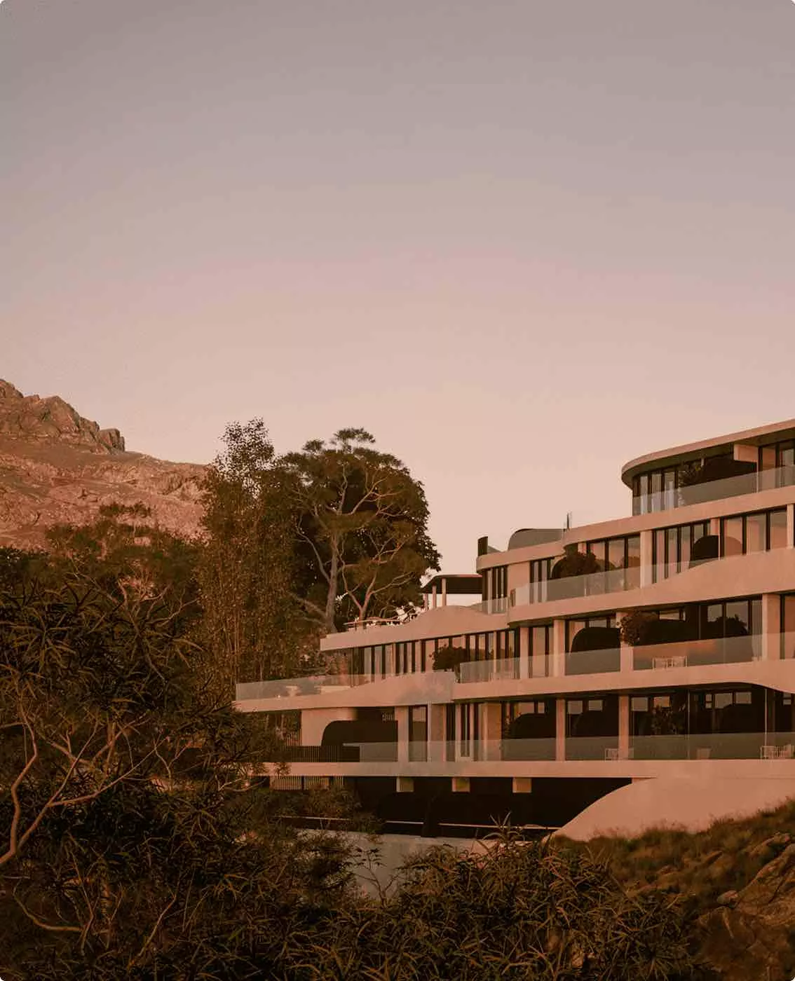 Exterior de hotel de lujo con balcones escalonados, frentes de vidrio, emplazamiento en ladera y luz cálida de atardecer