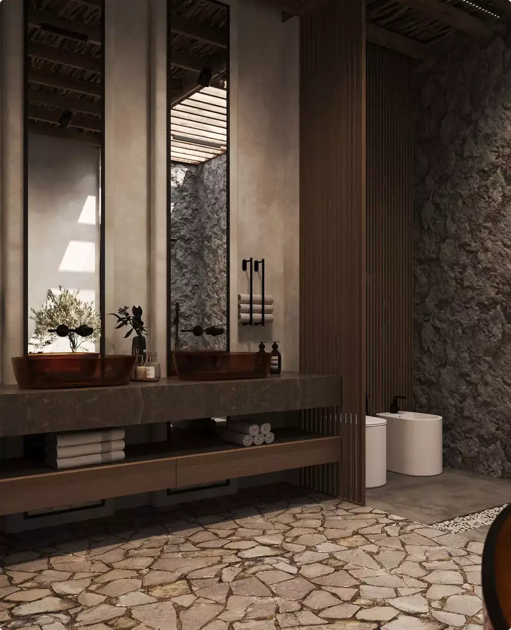 Baño tipo spa de una residencia privada con superficies de piedra