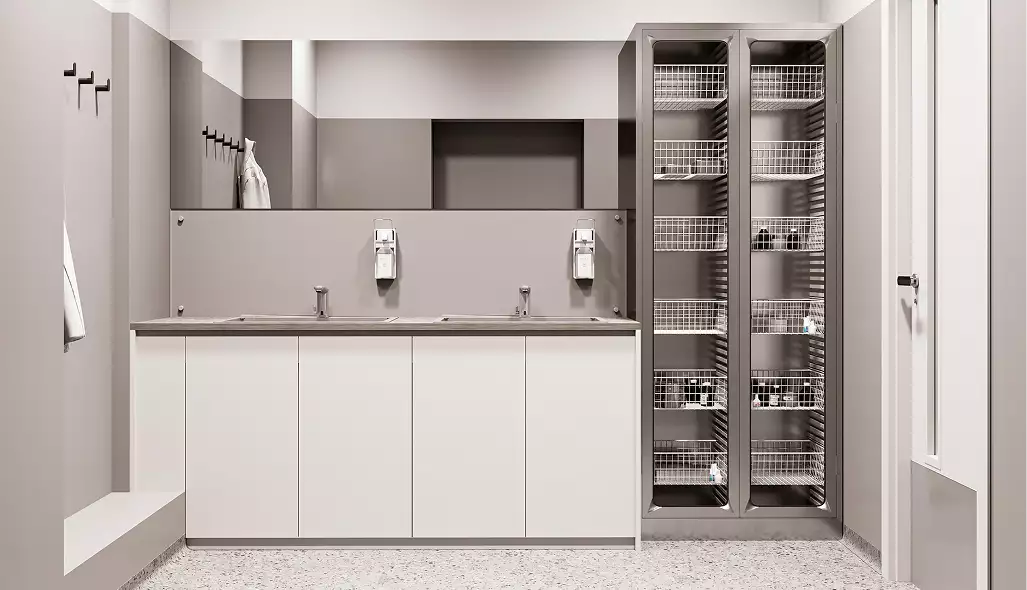 3D-visualisatie van een medisch centrum met klinische wasruimte, wasbakken, opbergrekken en dispensers