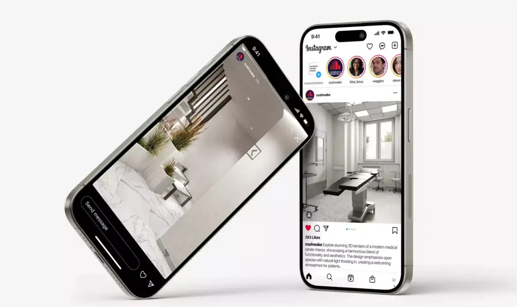 Exterieurbeeld van een medisch centrum getoond op twee smartphones met social-mediaposts