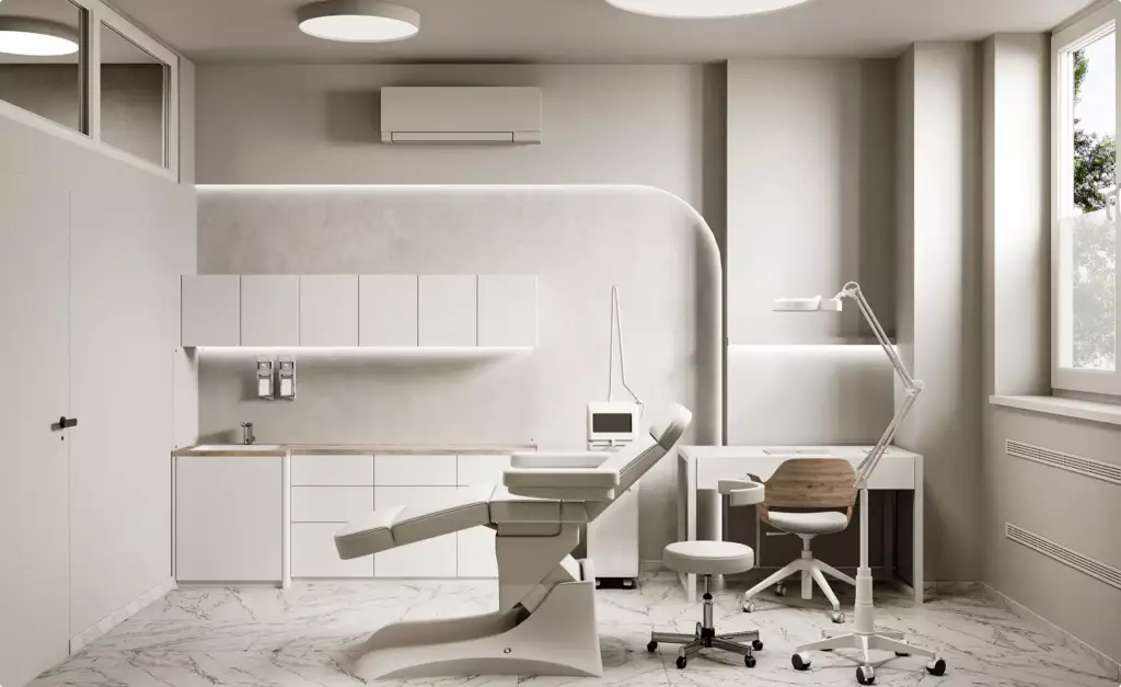 Visualisatie van een medisch centrum met lichte spreekkamer, onderzoeksstoel, bureau, kasten en werklamp