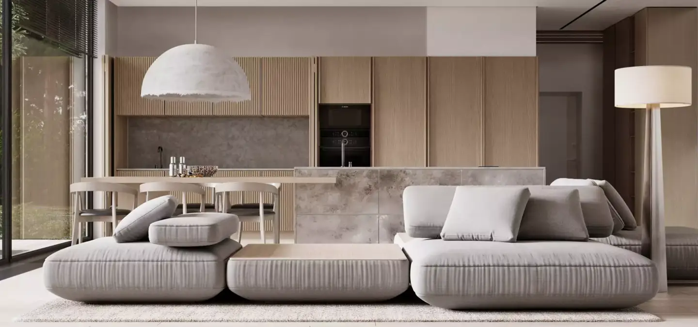 Minimalist house design open living room with low modular sofa, wood kitchen cabinets and stone island