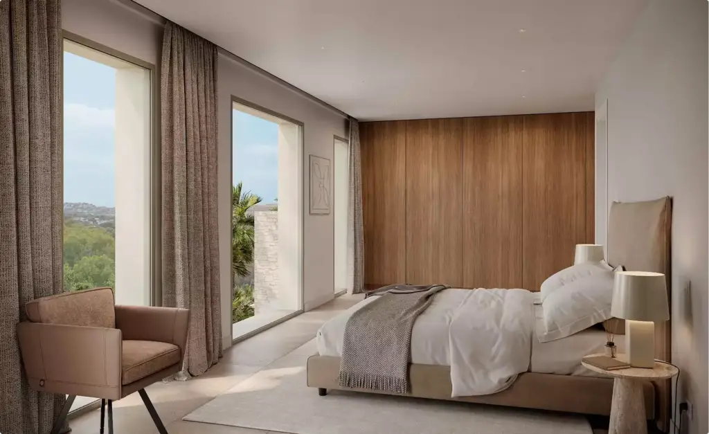 Modern bedroom interior, residential rendering company, with wood wall, tall windows, and armchair