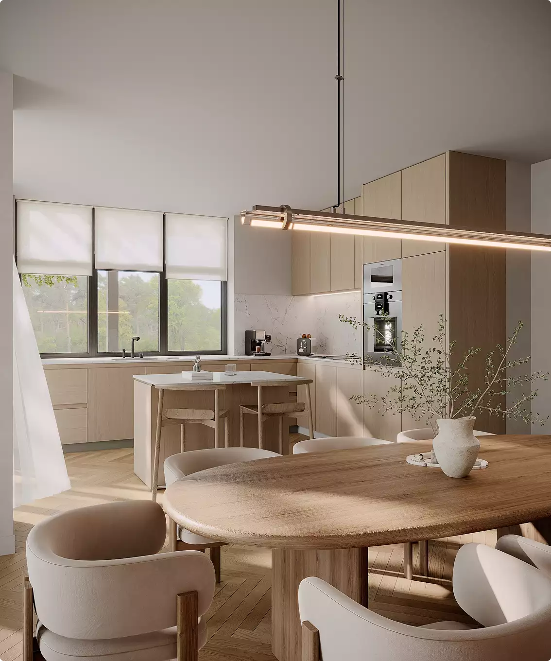 Cucina e zona pranzo con tavolo in legno, sedute all'isola e grandi vetrate in una casa contemporanea