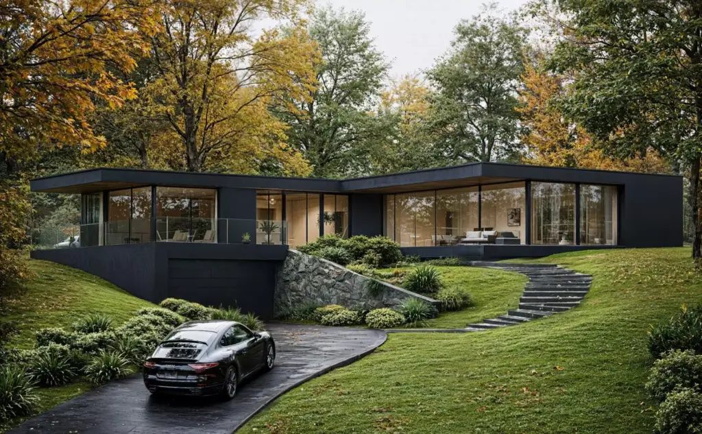 Modern black glass house set into a green wooded hillside with a curved driveway
