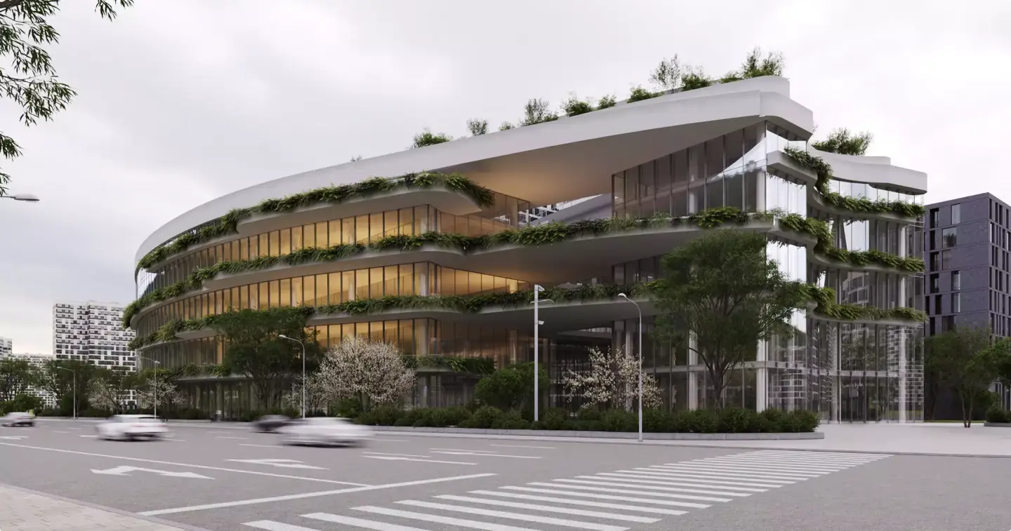 Office building design rendering of a curved glass office with planted terraces and a city street