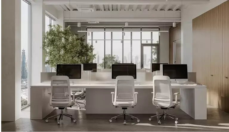 Office building rendering of an open office with white desks, desktop monitors, and wood wall