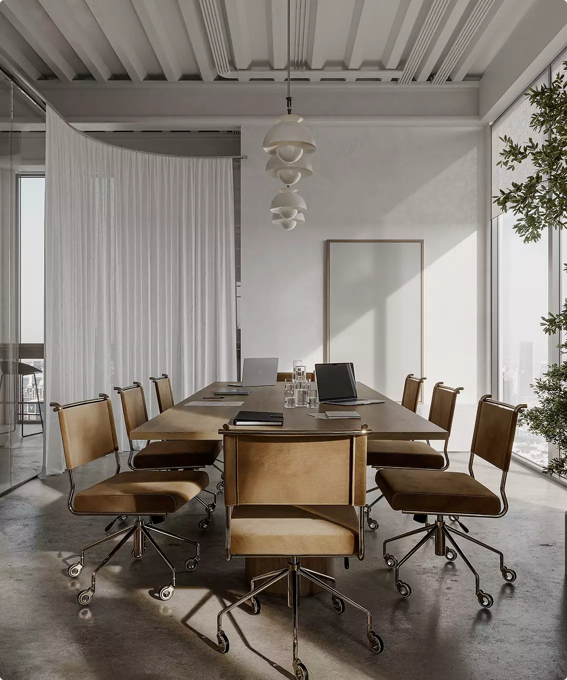 Interieuranimatie van een zonovergoten vergaderruimte met leren stoelen, houten tafel en hanglampen