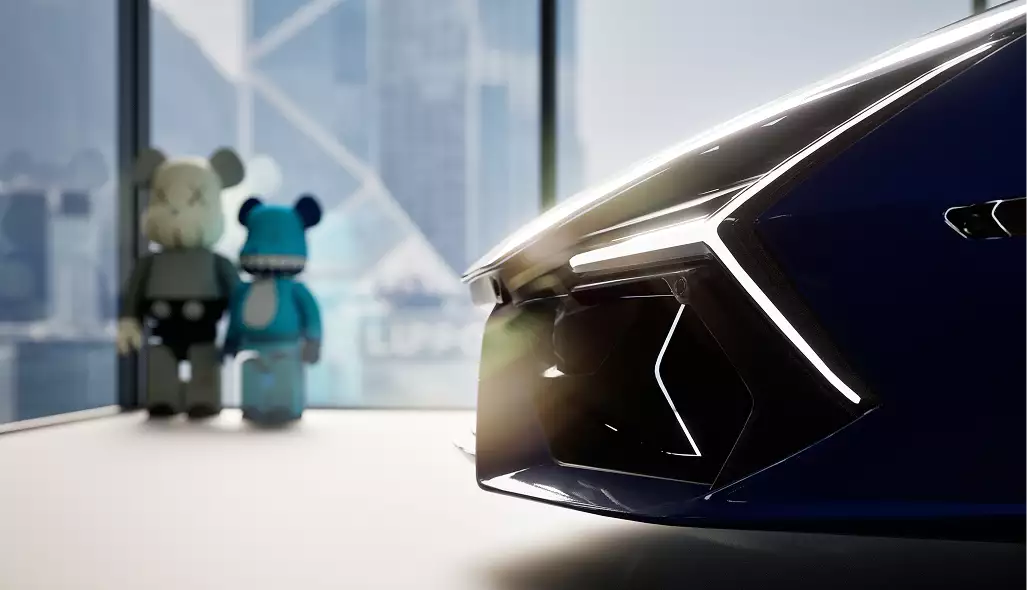 Kantoorinterieurvisualisatie met de neus van een luxe auto in een moderne kantoorruimte bij grote ramen en designersculpturen