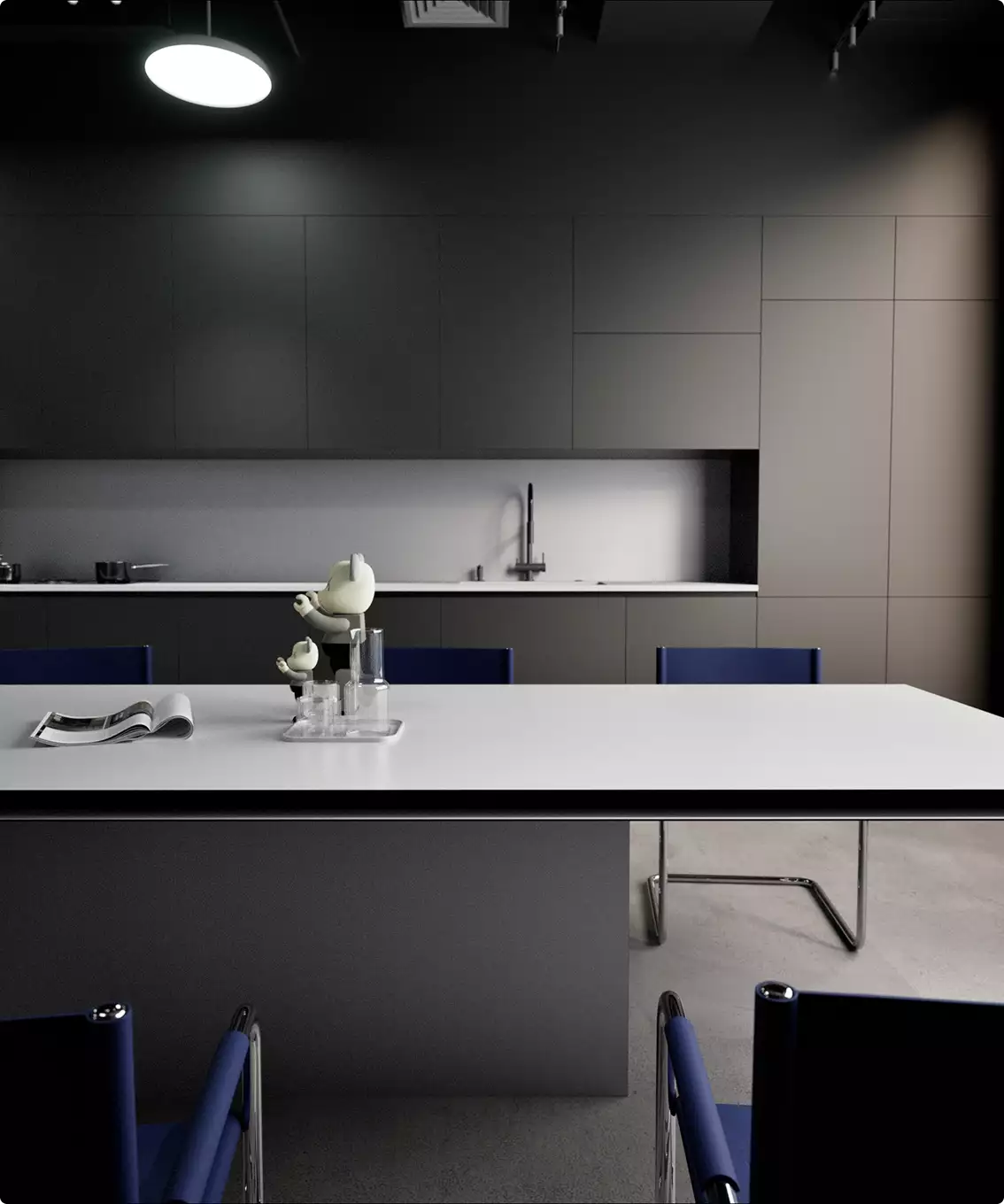 Kantoorinterieurvisualisatie van een moderne vergadertafel met blauwe stoelen, minimalistische keukenkasten en hanglampen