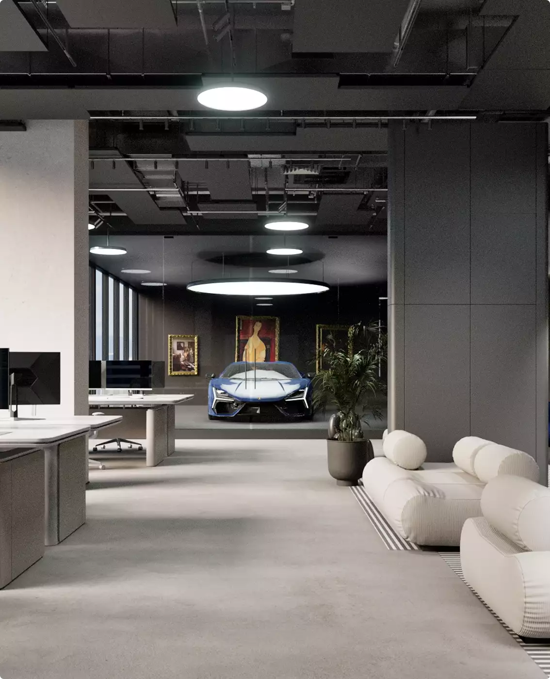 Kantoorinterieurvisualisatie van een modern open kantoor met loungebank, werkplekken en een luxe sportwagen als blikvanger