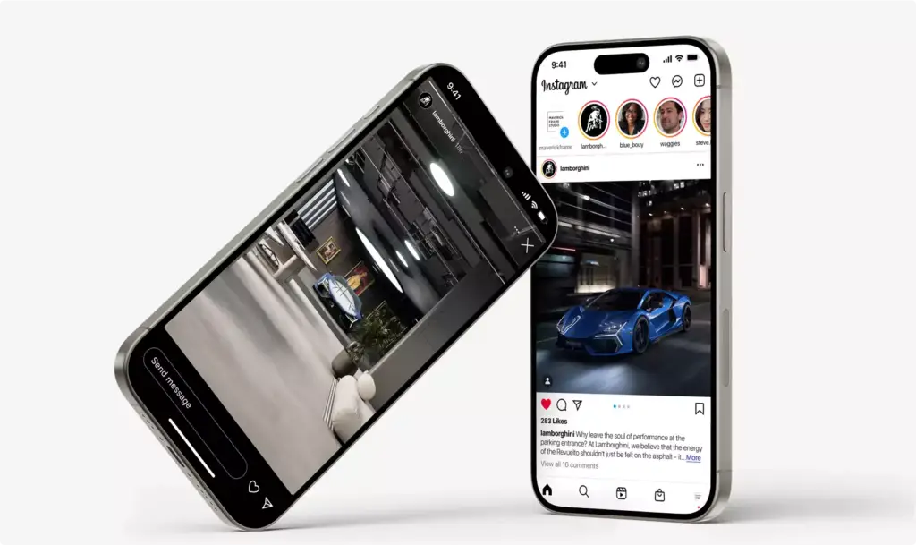 Kantoorinterieurvisualisatie op smartphoneschermen met scènes van een luxe auto en een modern kantoorinterieur