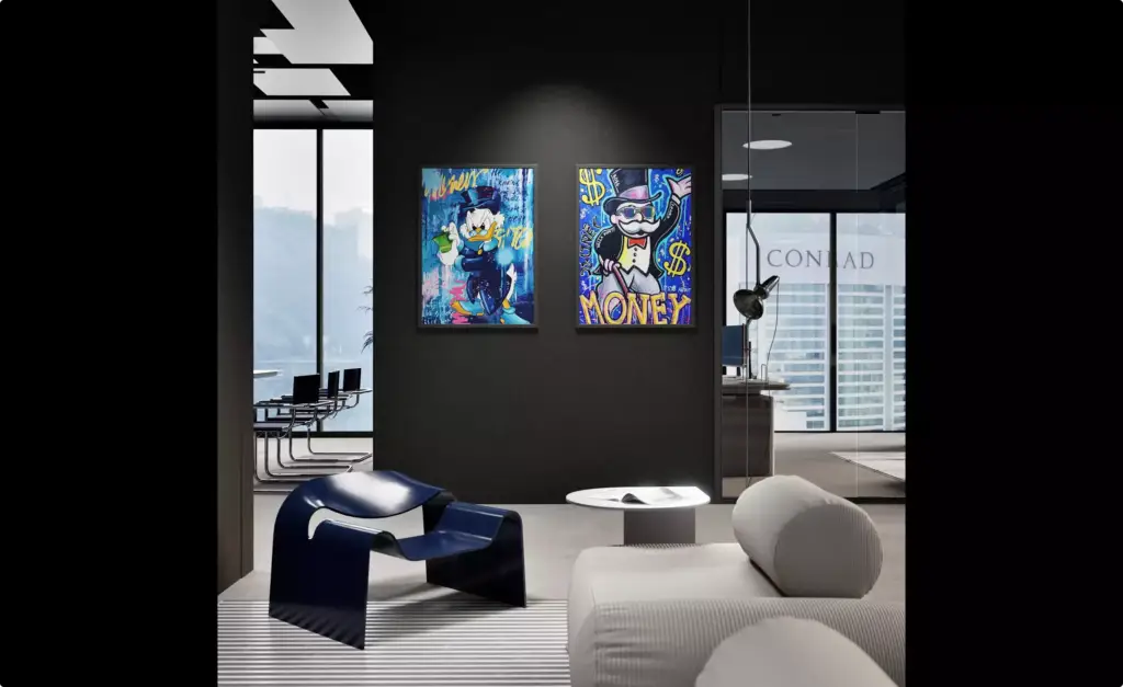Kantoorvisualisatie van een moderne loungehoek met sculpturale stoel, bank en kleurrijke wandkunst in een donker kantoorinterieur