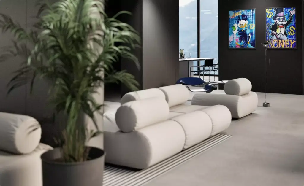Kantoorvisualisatie van een moderne loungehoek met sculpturale bank, kamerplant en kleurrijke wandkunst in een donker kantoorinterieur