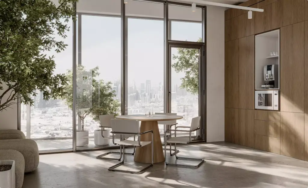 Animatie van een loungehoek met ronde tafel, vier stoelen, stadszicht en koffienis