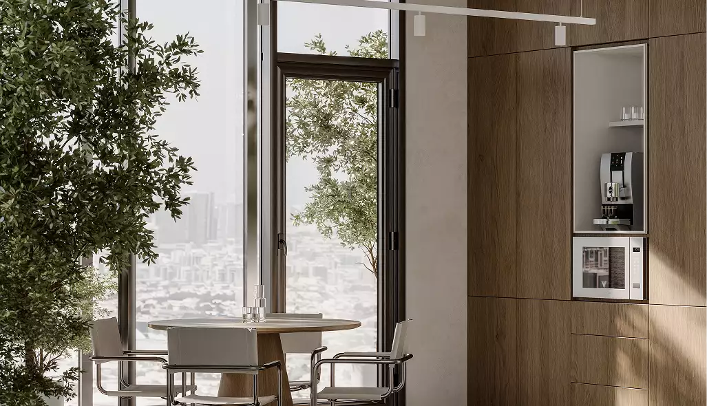 Virtuele rondleiding langs een koffiehoek met ronde tafel, stoelen, houten wand en koffiepunt