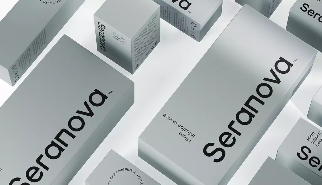 Cajas minimalistas de skincare dispuestas en una composición geométrica, render de packaging cosmético.
