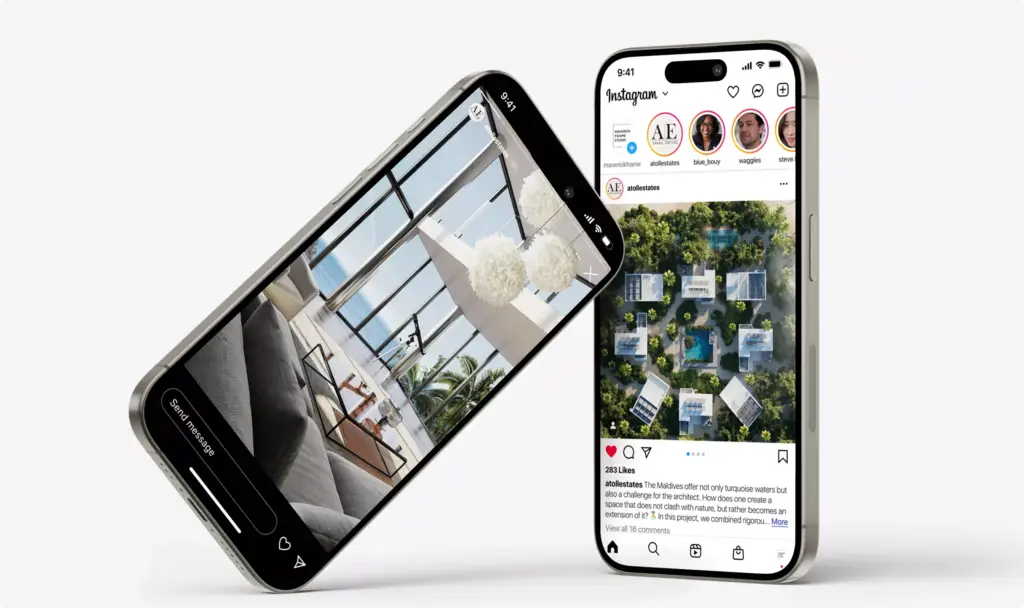 Telefoons in een 3D-render voor hotelmarketing tonen het resortinterieur en vogelvluchtbeelden van villa’s op social media