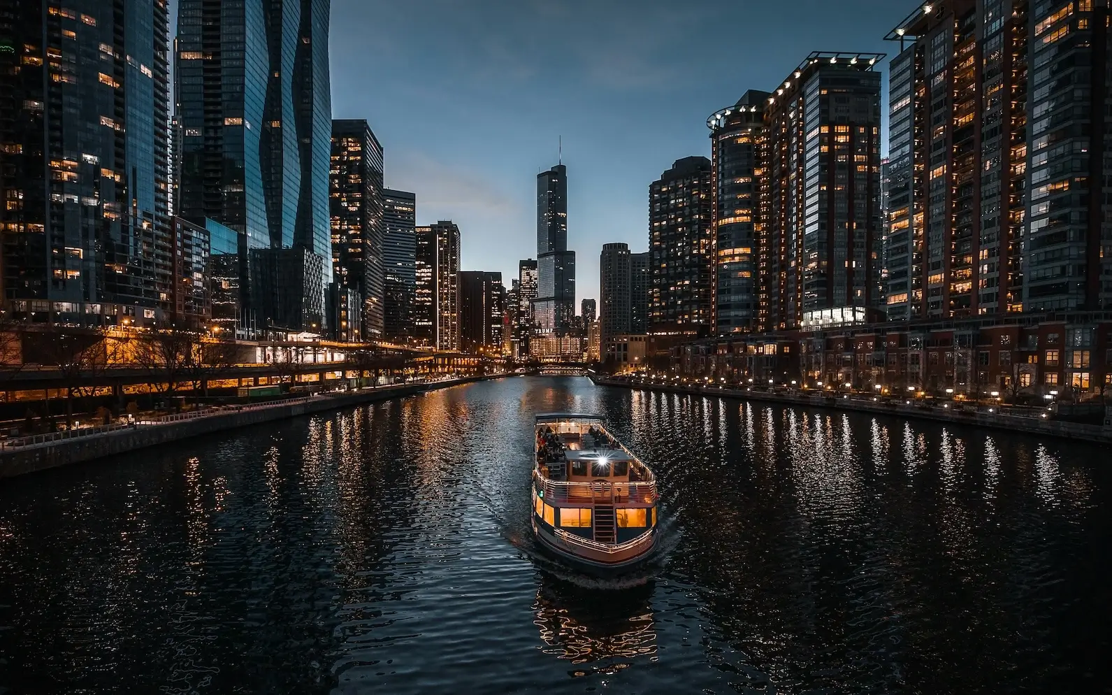 Night canal skyline, photorealistic 3D renderings style with boat, towers, and bright city reflections
