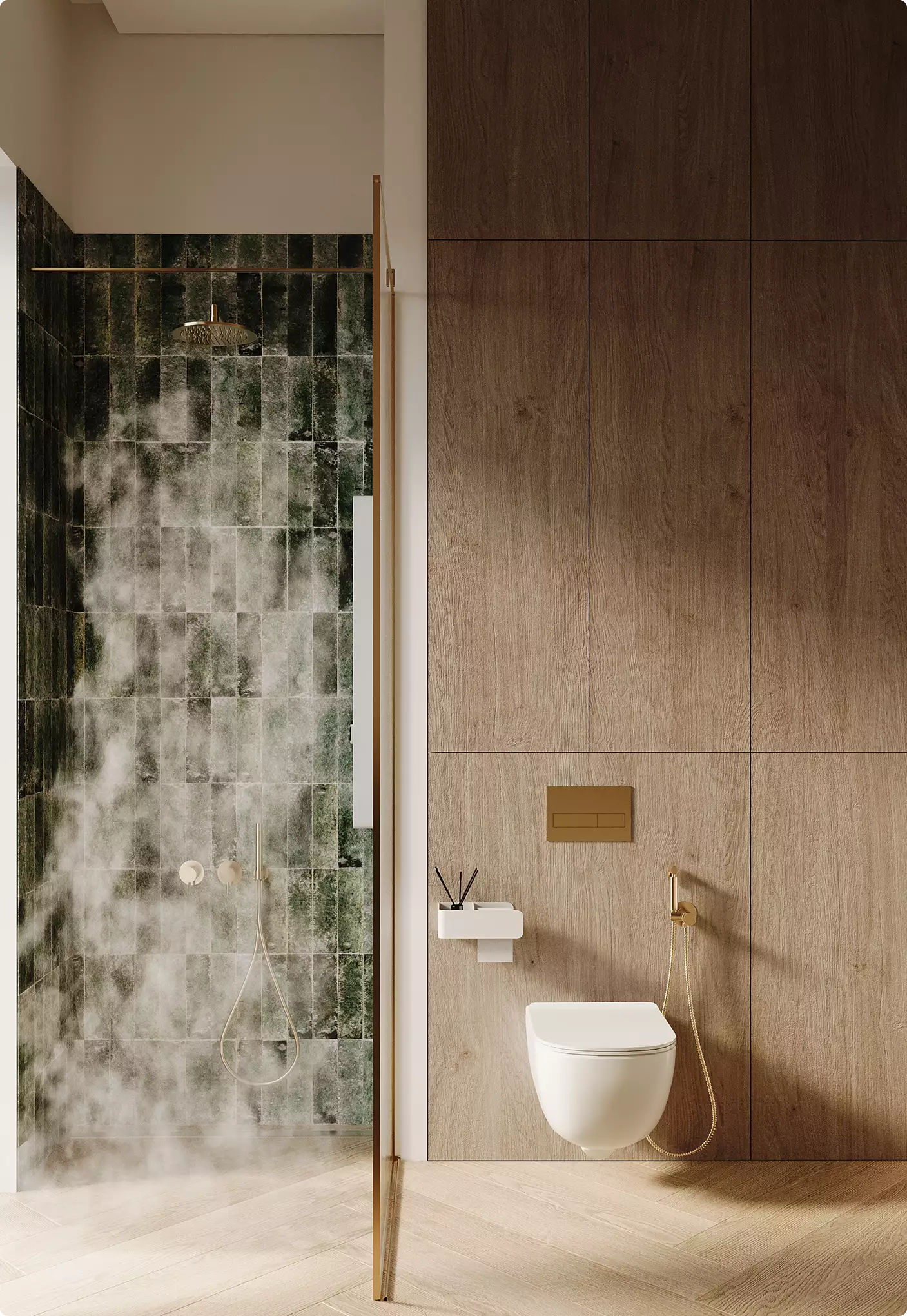 Photorealistic bathroom render with a glass shower enclosure and detailed reflections