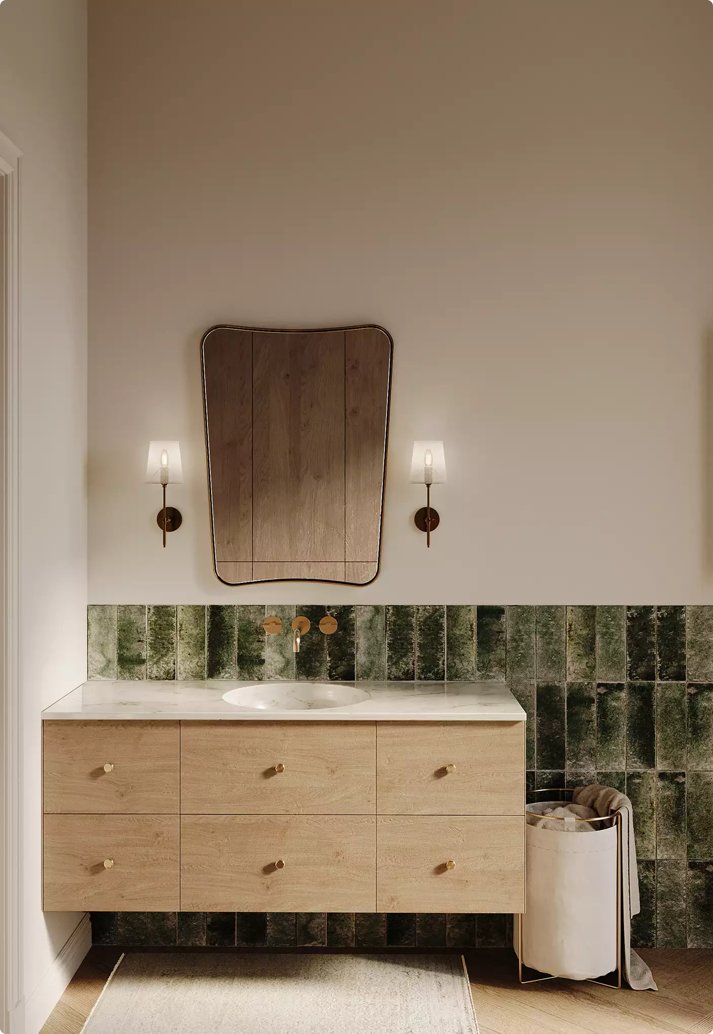 Bathroom rendering with green tile vanity, brass fixtures, and layered lighting