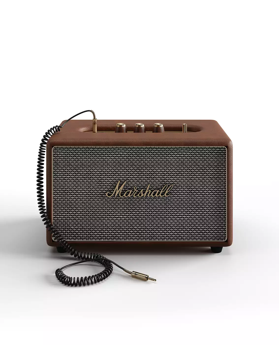 Ejemplo de servicios de render de producto: altavoz Marshall marrón con rejilla texturizada y cable en espiral