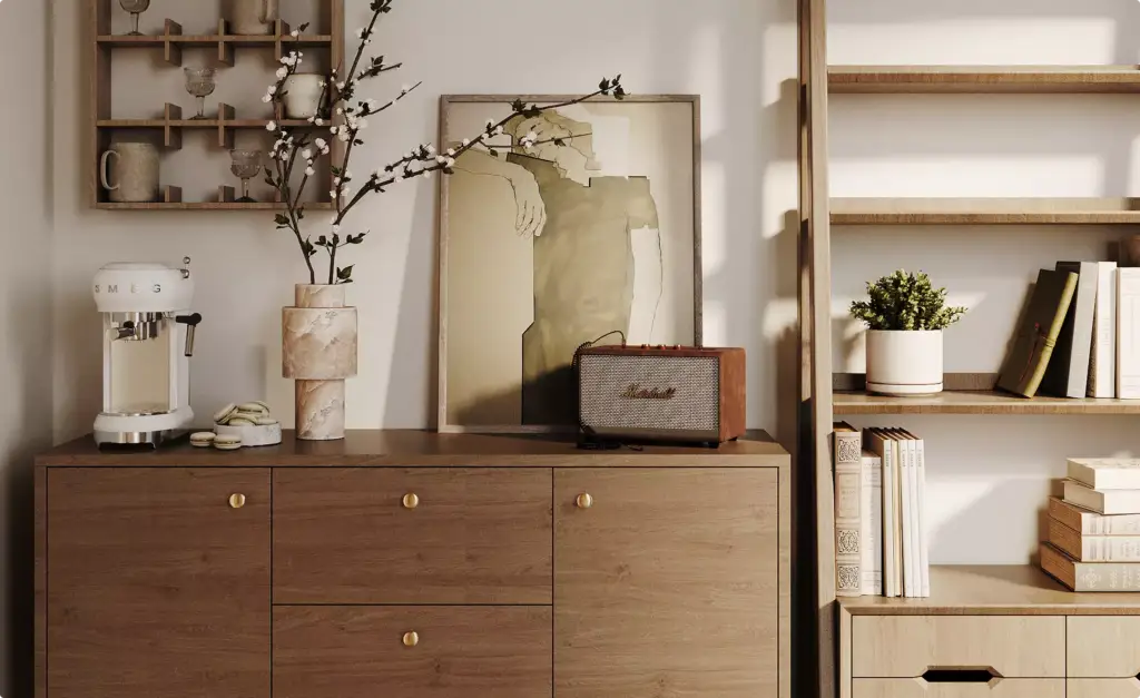 Ejemplo de servicios de render de producto: altavoz sobre un mueble de madera con estanterías, cafetera y decoración