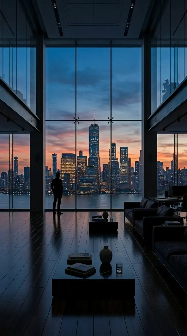 Real estate renderings NYC image of a luxury interior with large windows overlooking the New York skyline