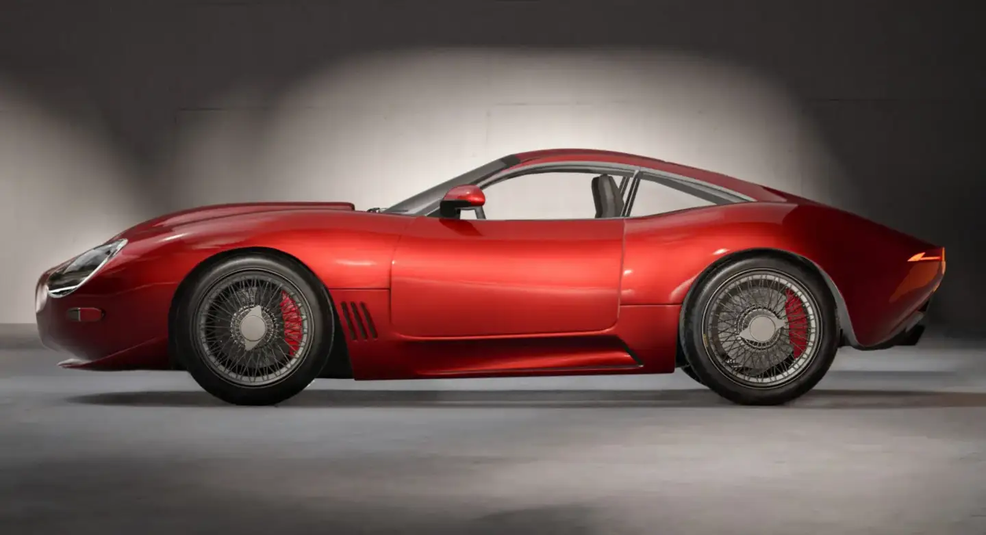 Red sports car studio render in side view, product 3D rendering services cost example