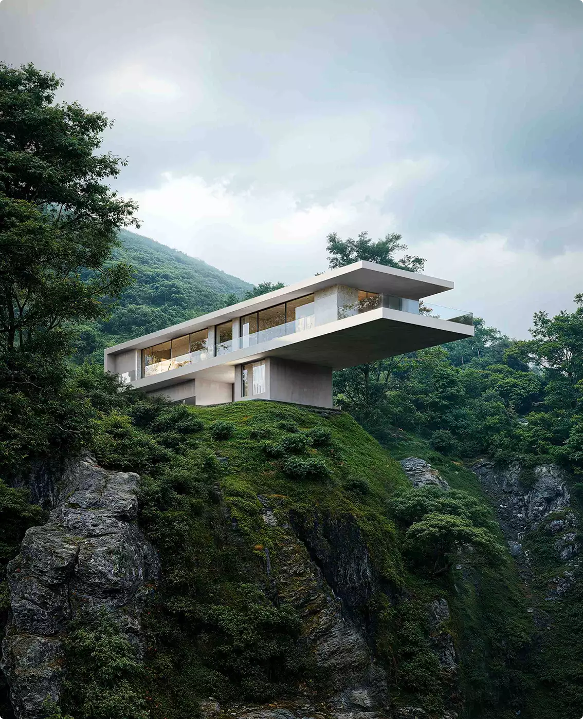 Render de casa en voladizo sobre una barranca verde y empinada, con vidrio envolvente y vistas al bosque