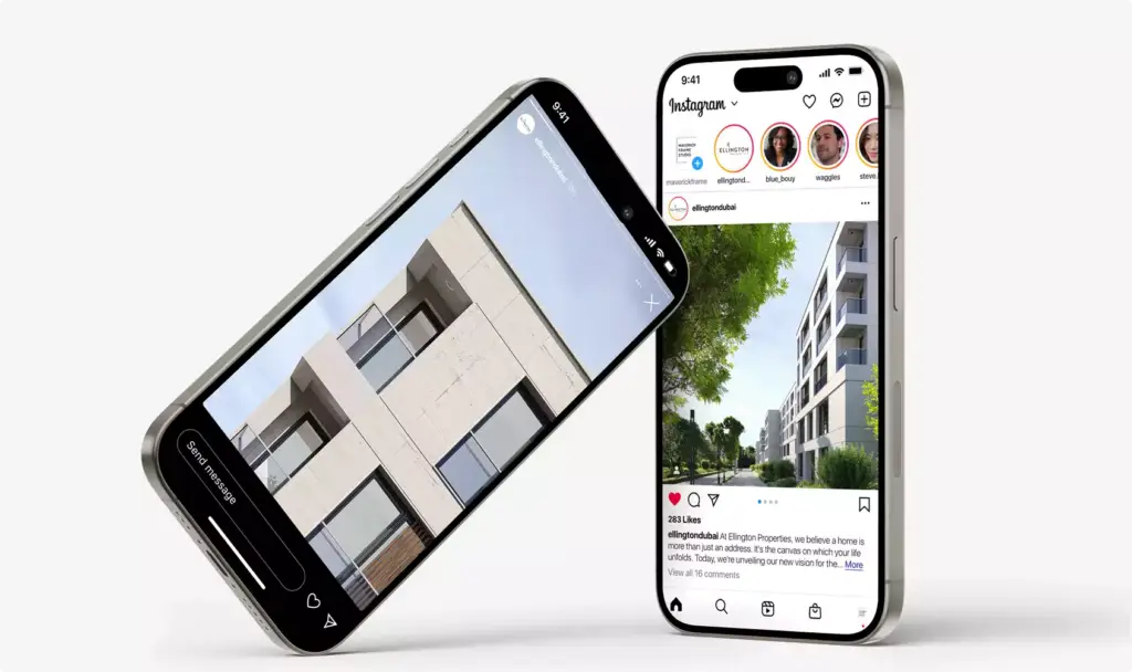 Beelden van het woonproject op smartphoneschermen met een socialmedia-interface